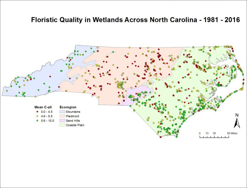 Mean C-all in wetlands across North Carolina (N=2,009, years 1981-2016)