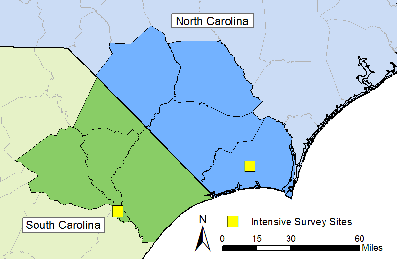 Location of intensive survey sites (2 wetlands at each location per state)