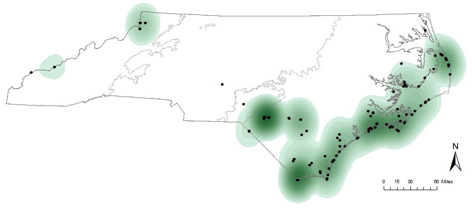 Cluster map of wetland sites with the highest floristic quality (Mean Call > 7.0) (N=196, years 1981-2016)