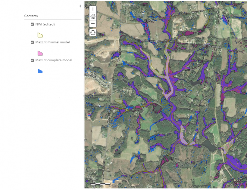 Example area showing greater prediction of wetlands with MaxEnt models than mapped by NWI