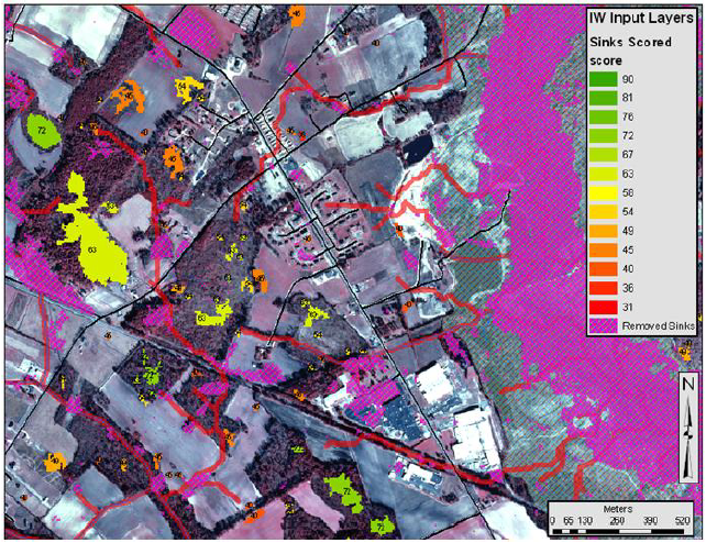 Example area of scored polygons color coded by isolated wetland likelihood