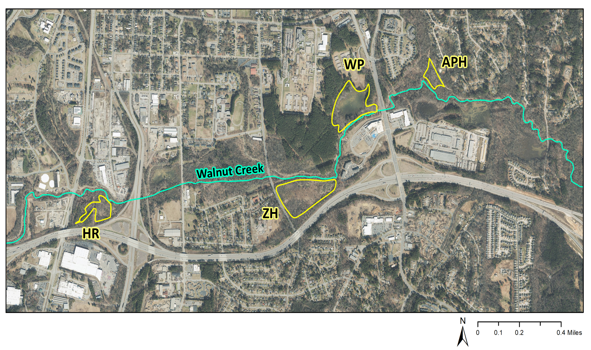 Map of intensive study wetlands along Walnut Creek in south Raleigh