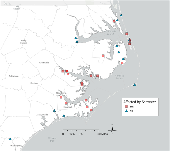 Map of sites with water chemistry data that were determined to be affected by seawater based on chloride concentration. Some sites had only surface water or groundwater present and water was only collected from DWR and NWCA sites, in 2016, 2021, and 2022.