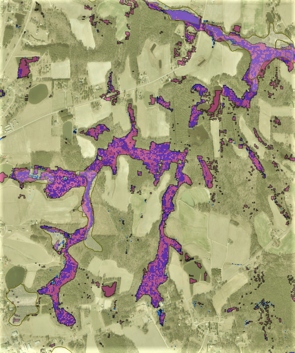 Example area showing greater prediction of wetlands with MaxEnt models than mapped by NWI (Complete model = blue; minimal model = pink, NWI = light yellow)