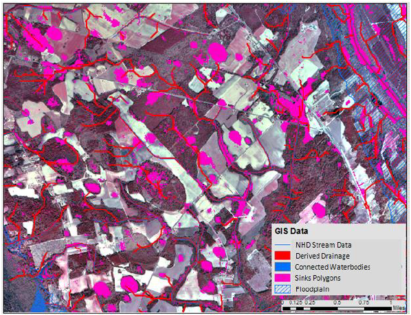 Stream and drainage connectivity with elevation derived sinks